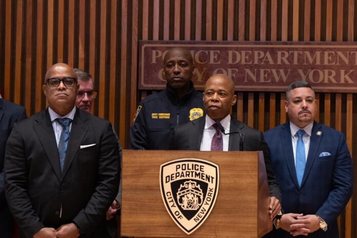 Mayor,Eric,Adams,Speaks,During,Press,Briefing,With,Police,Commissioner